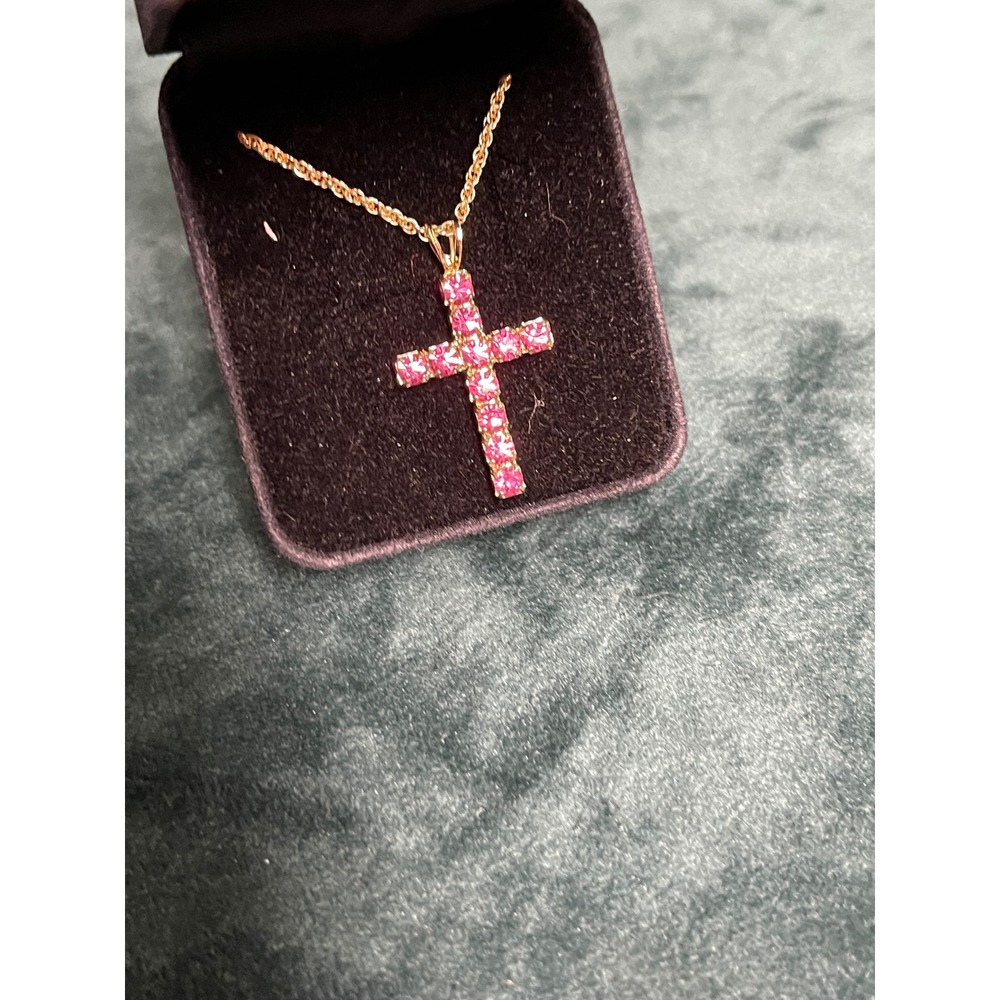 Pink Stone Cross Pendant Necklace Gold Tone Rope Chain Religious Jewelry 18 Inch